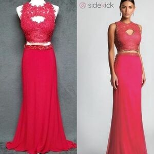 Madison James Special Occasion Red Beaded Lace Cut-out Two-Piece Chiffon Dress